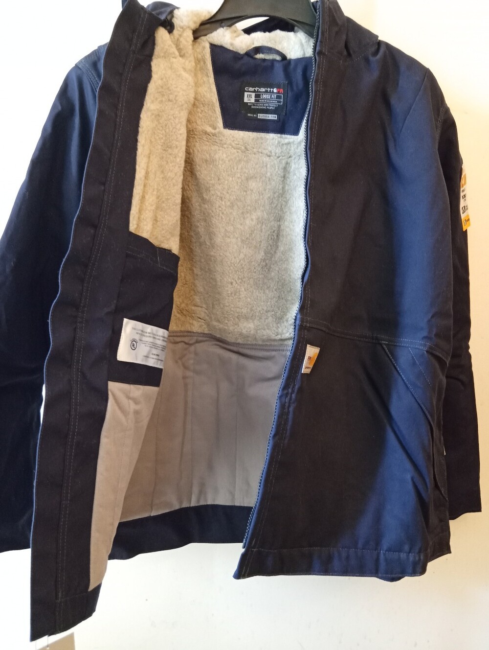 Carhartt Navy Blue Jacket with Gray Sherpa Lining Flame Resistant Full Swing XXL - Picture 4 of 16